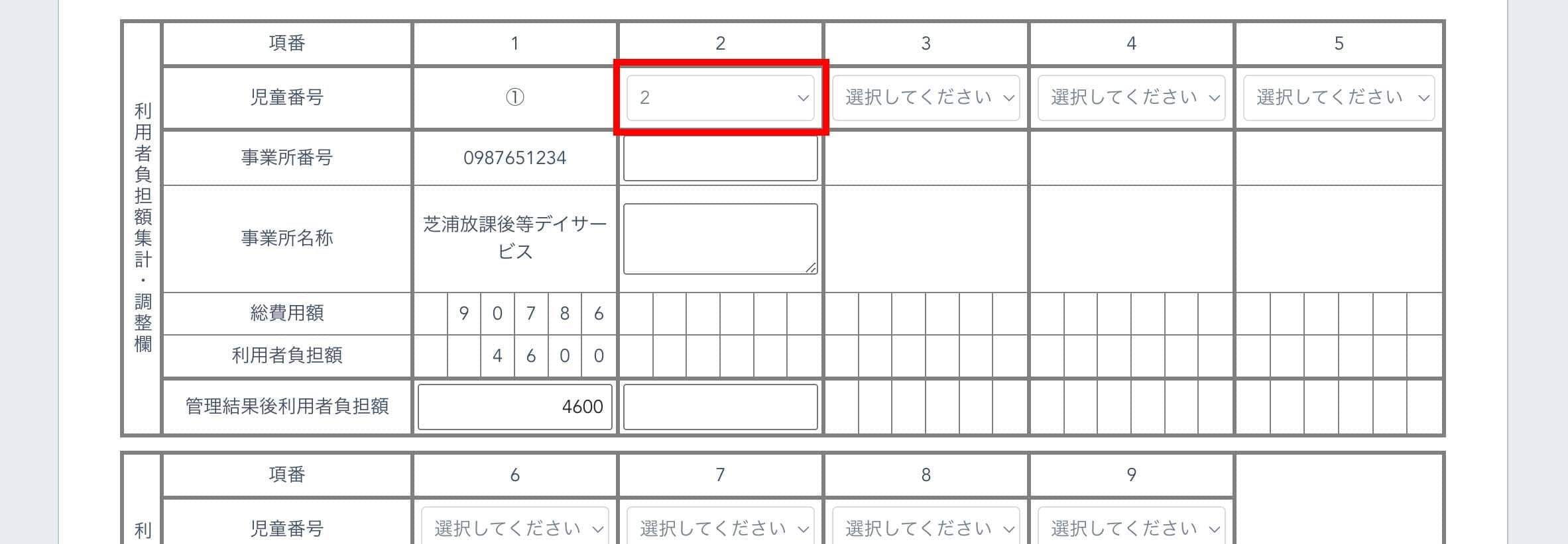 利用者負担額集計・調整欄記入画面