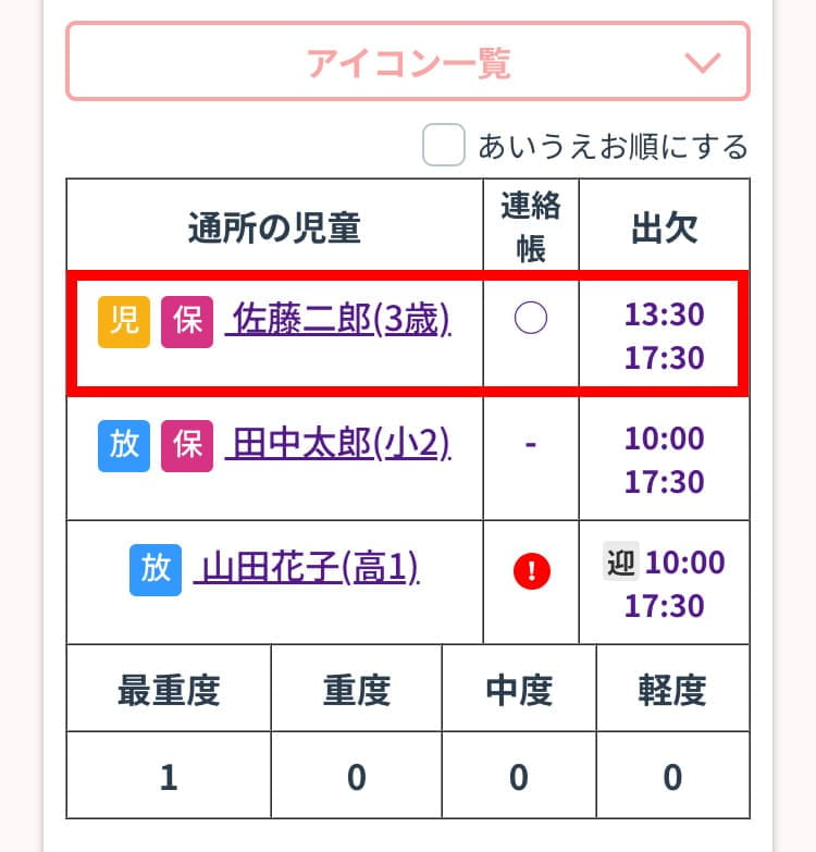 スタッフスマホの「出欠」画面